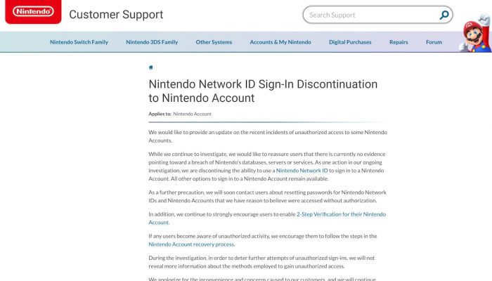 Nintendo Account, Support