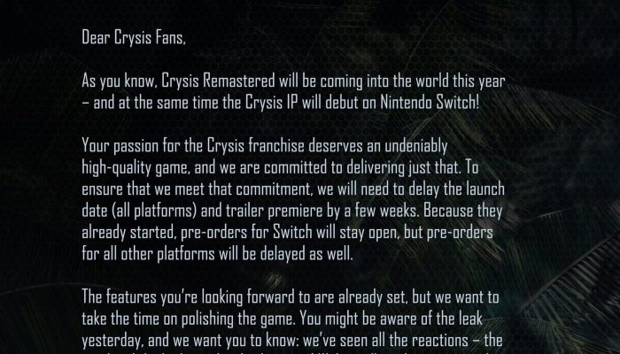 Crysis Remastered delays its trailer premiere